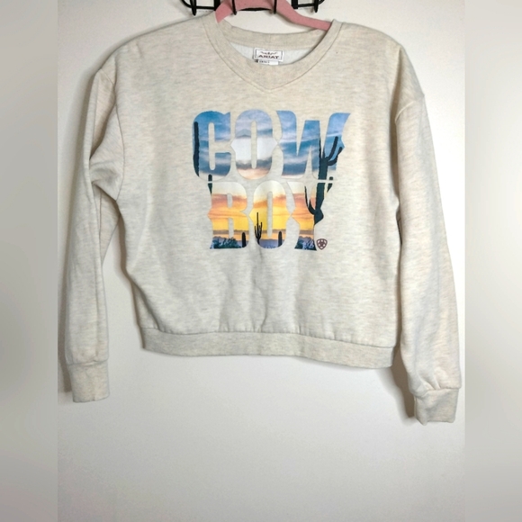 Ariat Sweaters - Ariat (Size S) Cream & Multicolored Graphic "Cow Boy" Cotton Blend LS Sweater